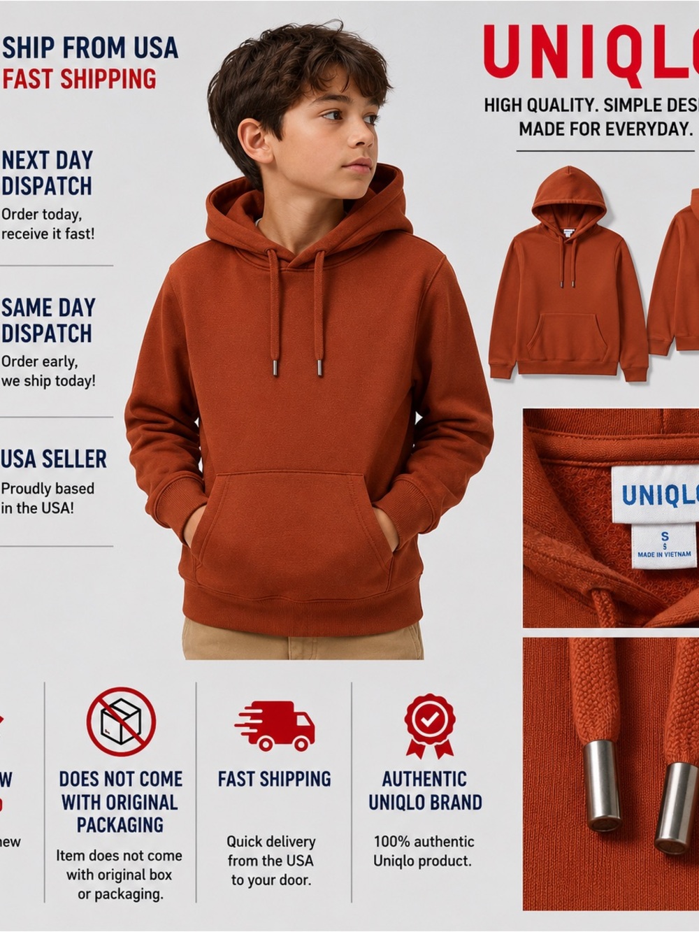 Uniqlo Men's Hooded Sweatshirt - Rust